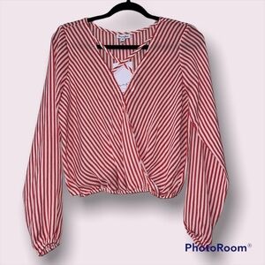 Love Fire large juniors top long sleeve red white candy striped elastic waist